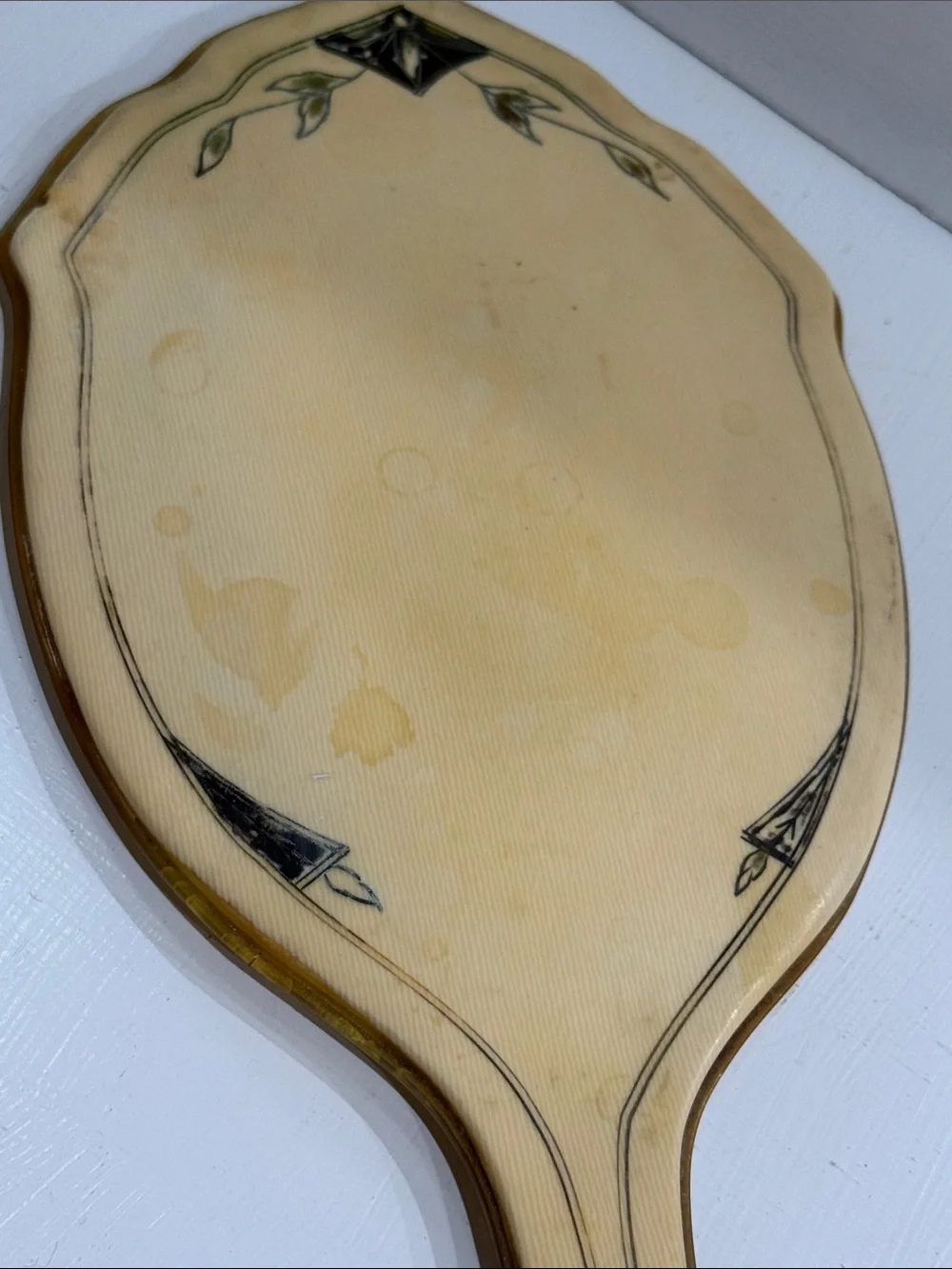 Vintage Antique Art Deco French Vanity Cream Hand Mirror with Black Accent 1920s